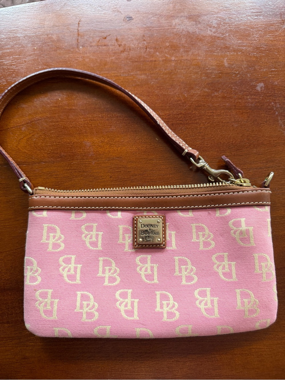 Dooney & Bourke Pink Logo Wristlet with Brown Trim